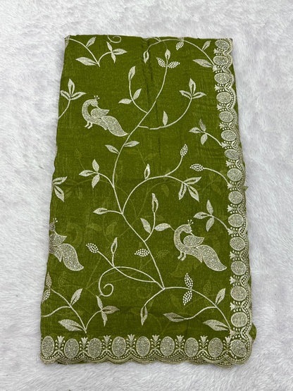 Premium Olive Green Embroidered Designer Saree