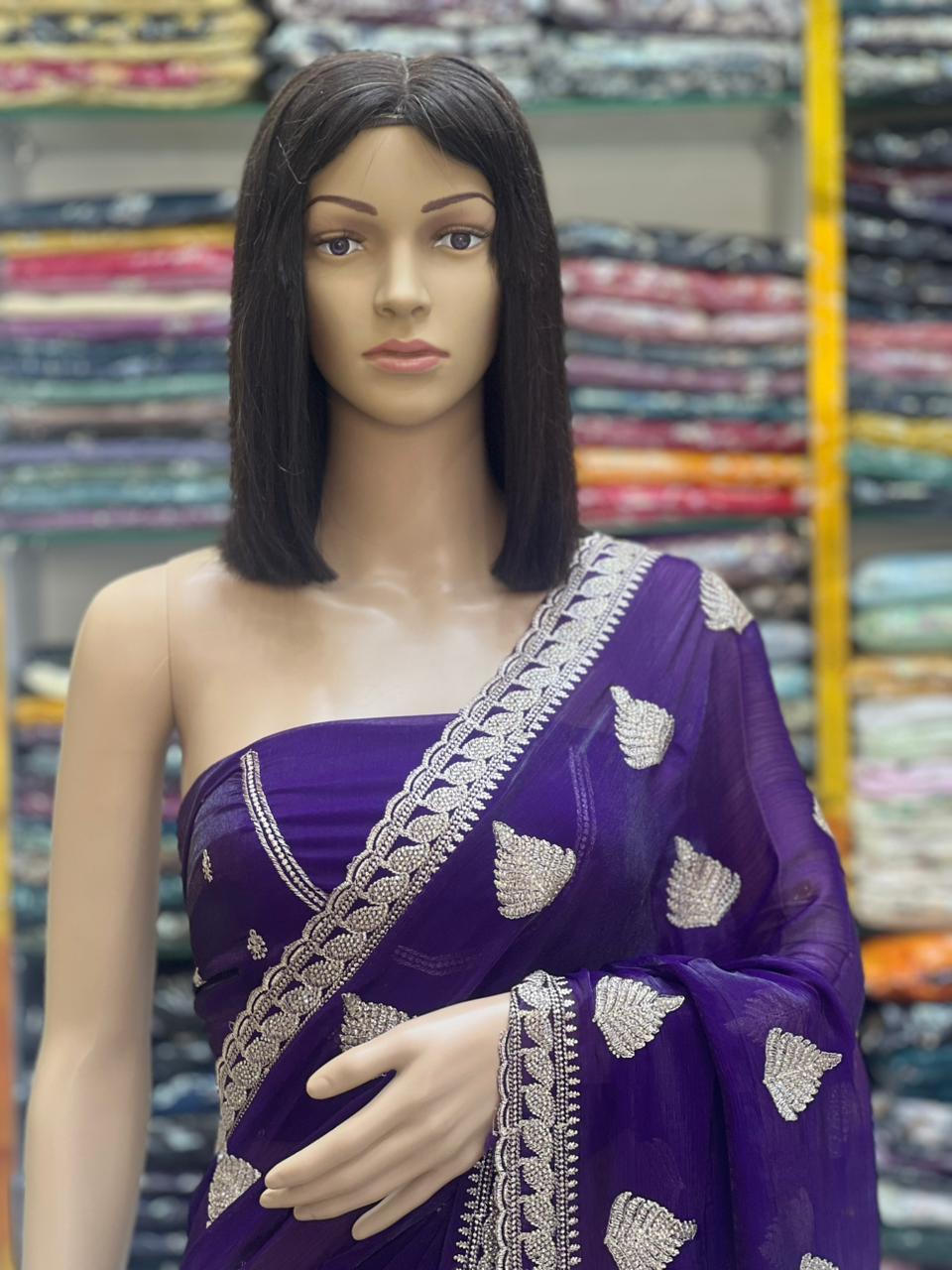 Royal Purple Fandy Chiffon Saree with Zari Embroidery & Stone Work