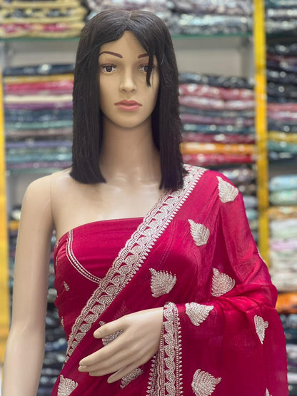 Royal Red Fandy Chiffon Saree with Zari Embroidery & Stone Work