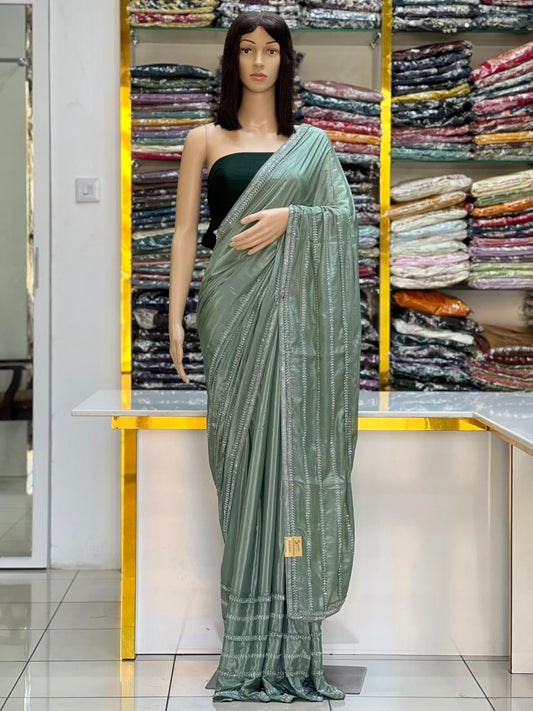 Premium Sage Green Designer Saree with Elegant Thread Embroidery