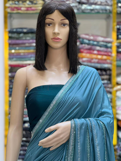 Premium Teal Designer Saree with Original Stone Work Border