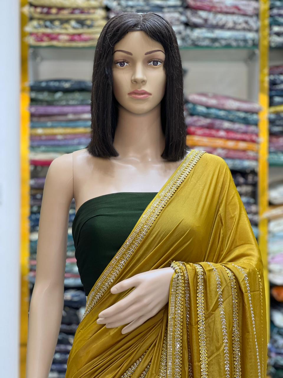Mustard Gold Satin Saree with Premium Diamond Border Work