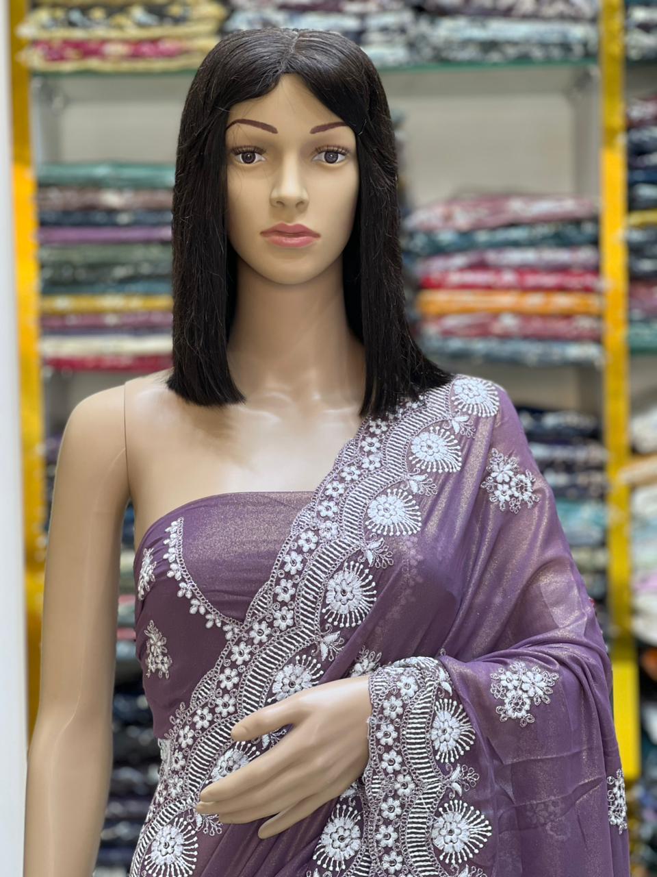 Elegant Mauve Georgette Saree with Shine Coating & White Embroidery