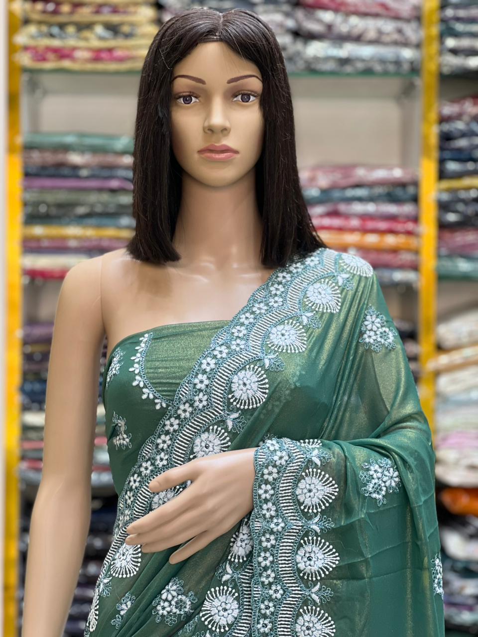 Elegant Sea Green Georgette Saree with Shine Coating & White Thread Embroidery