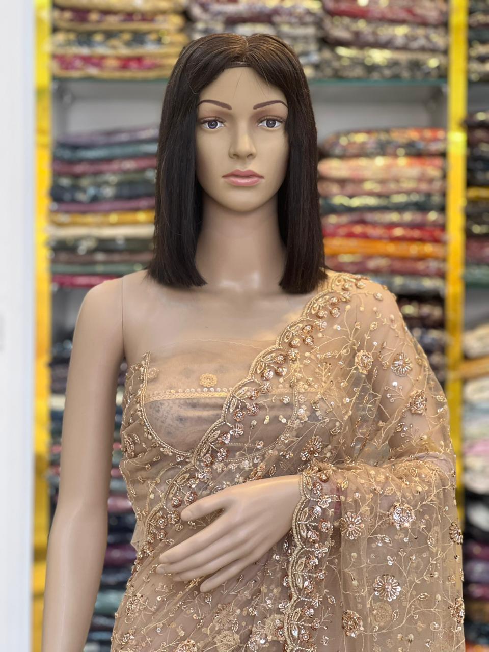 Premium Champagne Net Saree with Real Beads & Sequin Embroidery