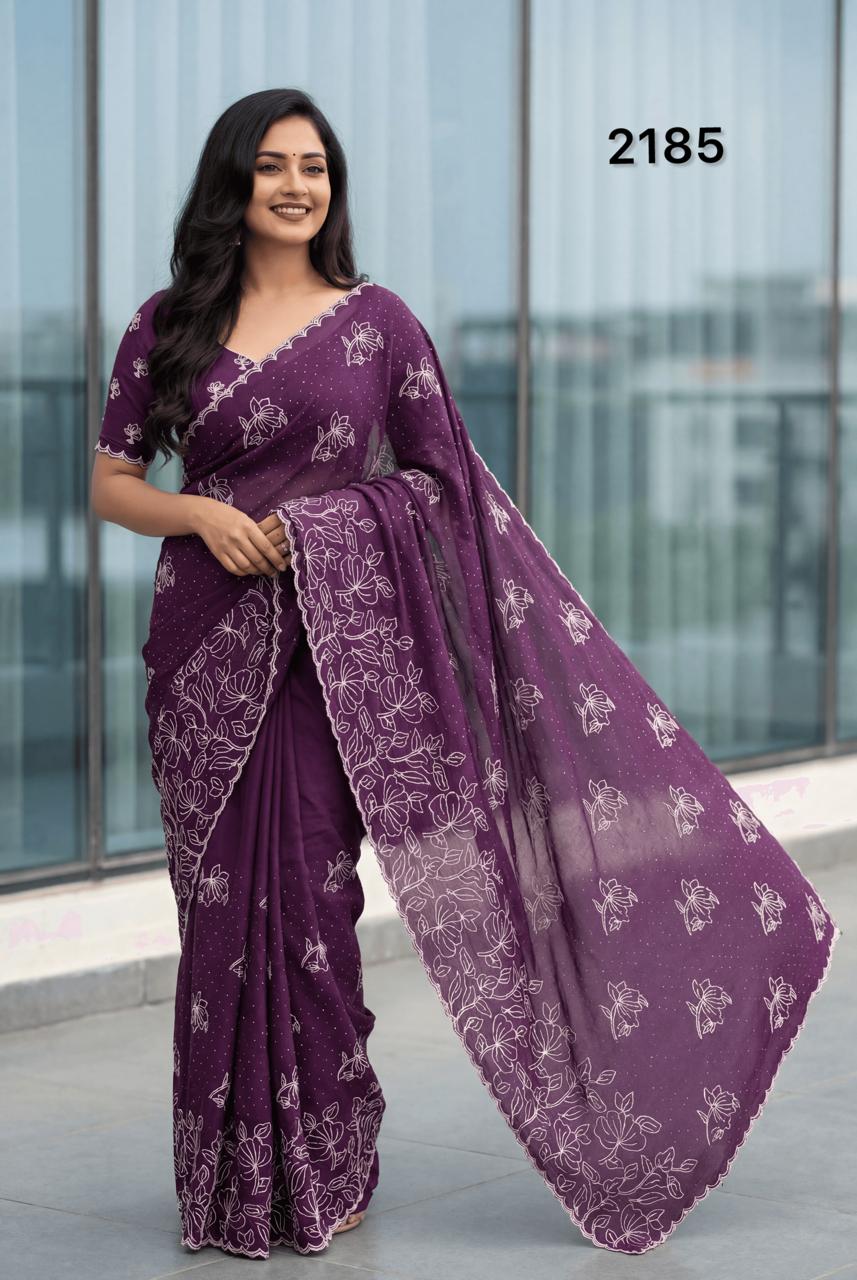 Elegant Wine Purple Chinon Saree with White Thread Embroidery
