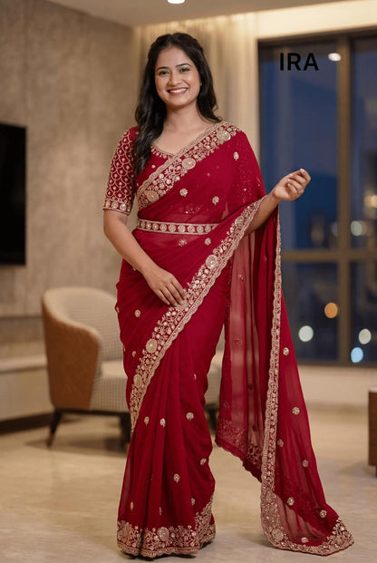 Royal Maroon Designer Saree with Beads & Sequins Work