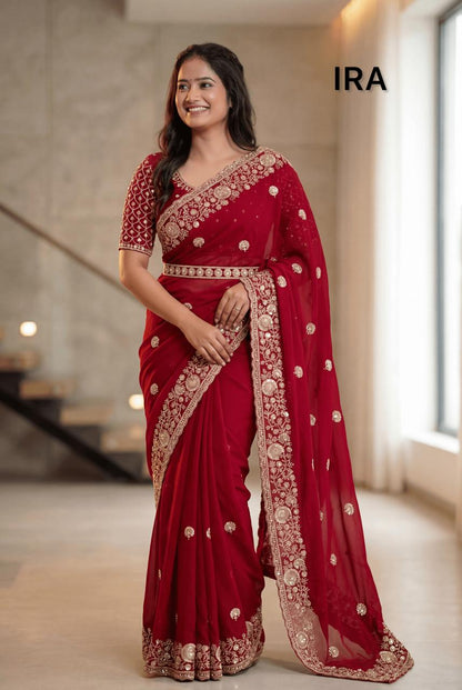 Royal Maroon Designer Saree with Beads & Sequins Work