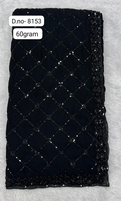 Black Georgette Saree with Real Beads & Sequin Work | Designer Party Wear Saree