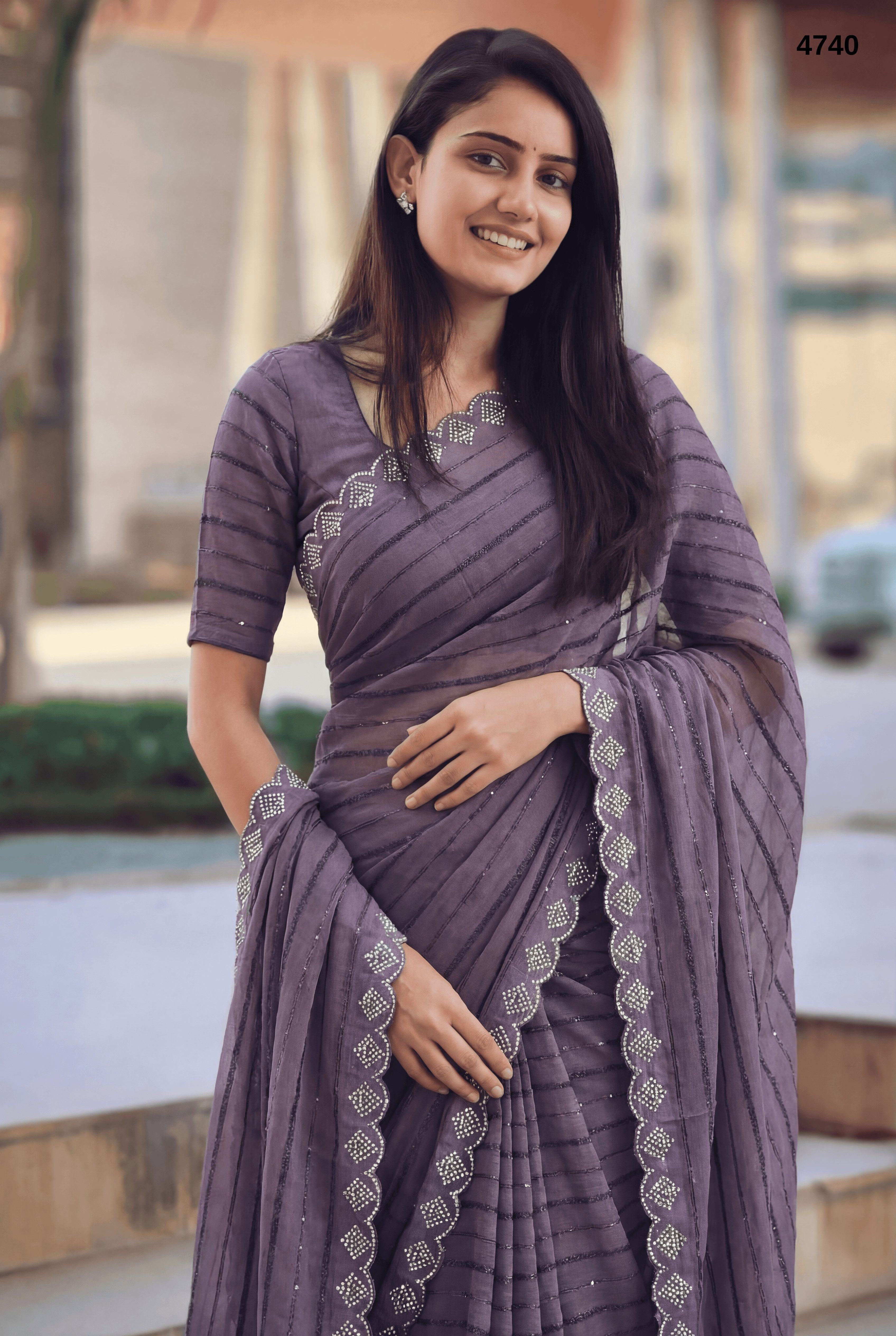 Premium Moss Fabric Saree with Zarkan Stone & Moti Handwork – Elegant Party & Occasion Wear