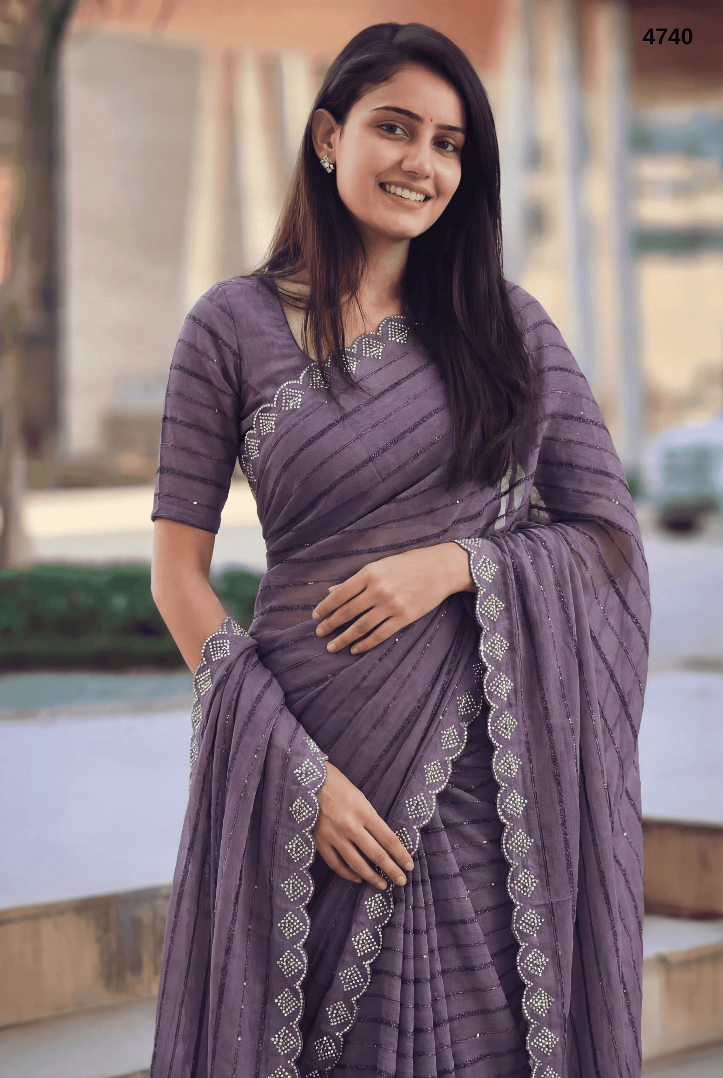 Premium Moss Fabric Saree with Zarkan Stone & Moti Handwork – Elegant Party & Occasion Wear