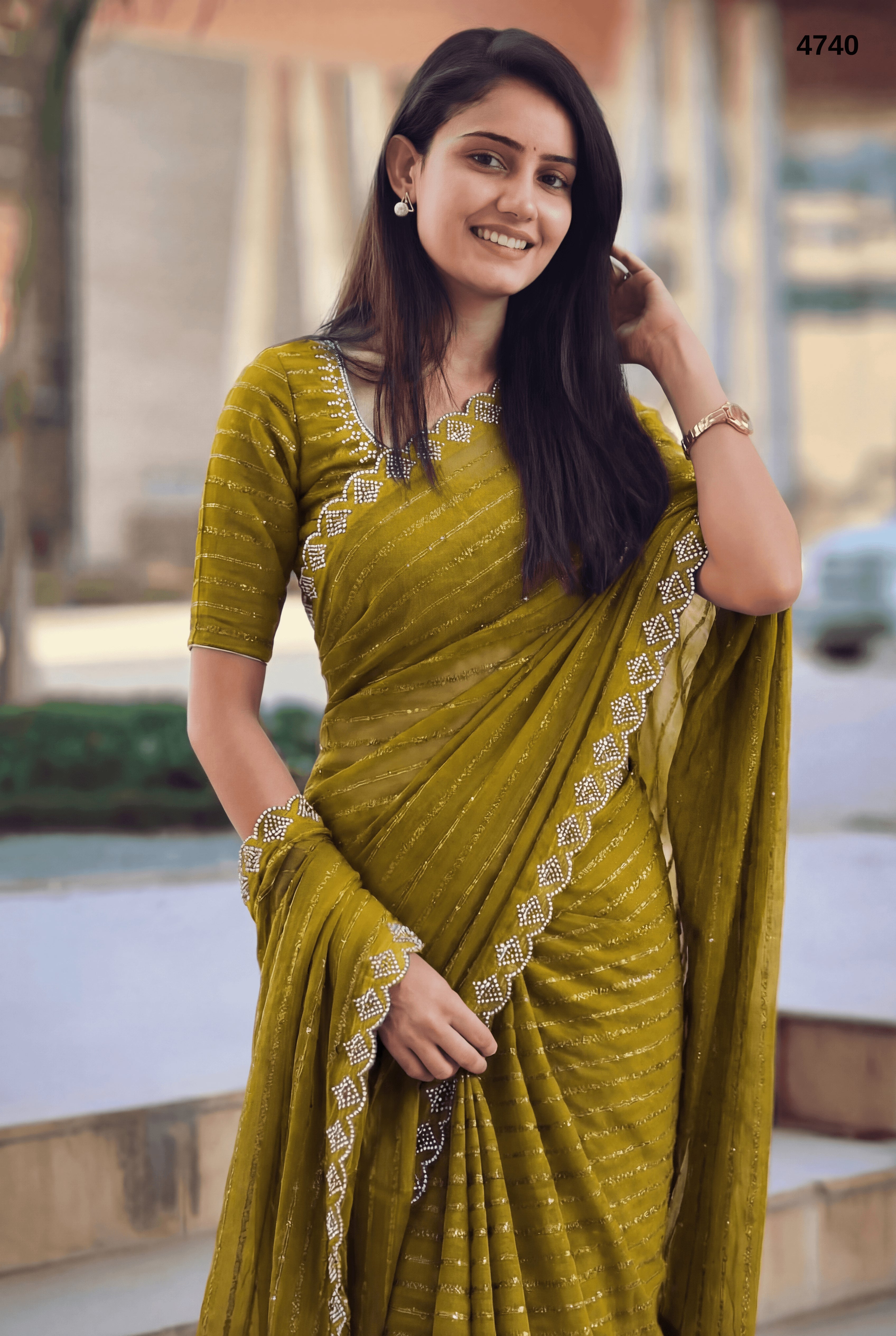 Elegant Olive Moss Saree with Zarkan Stone & Moti Work – Premium Party & Festive Wear