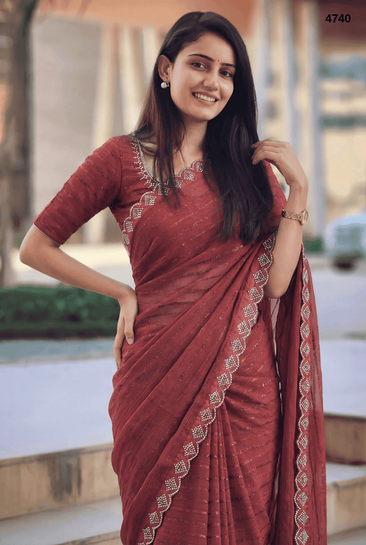 Premium Maroon Moss Saree with Zarkan Stone & Moti Work – Elegant Party & Festive Wear
