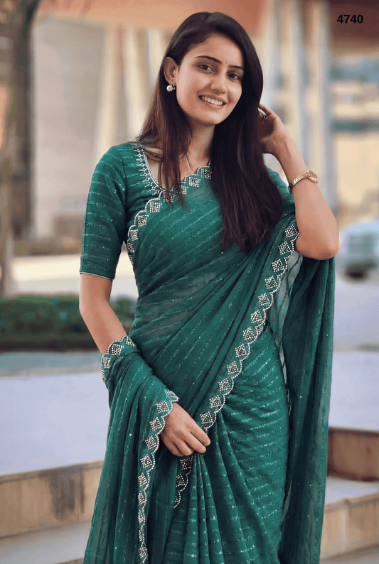 Premium Emerald Green Moss Saree with Zarkan Stone & Moti Work