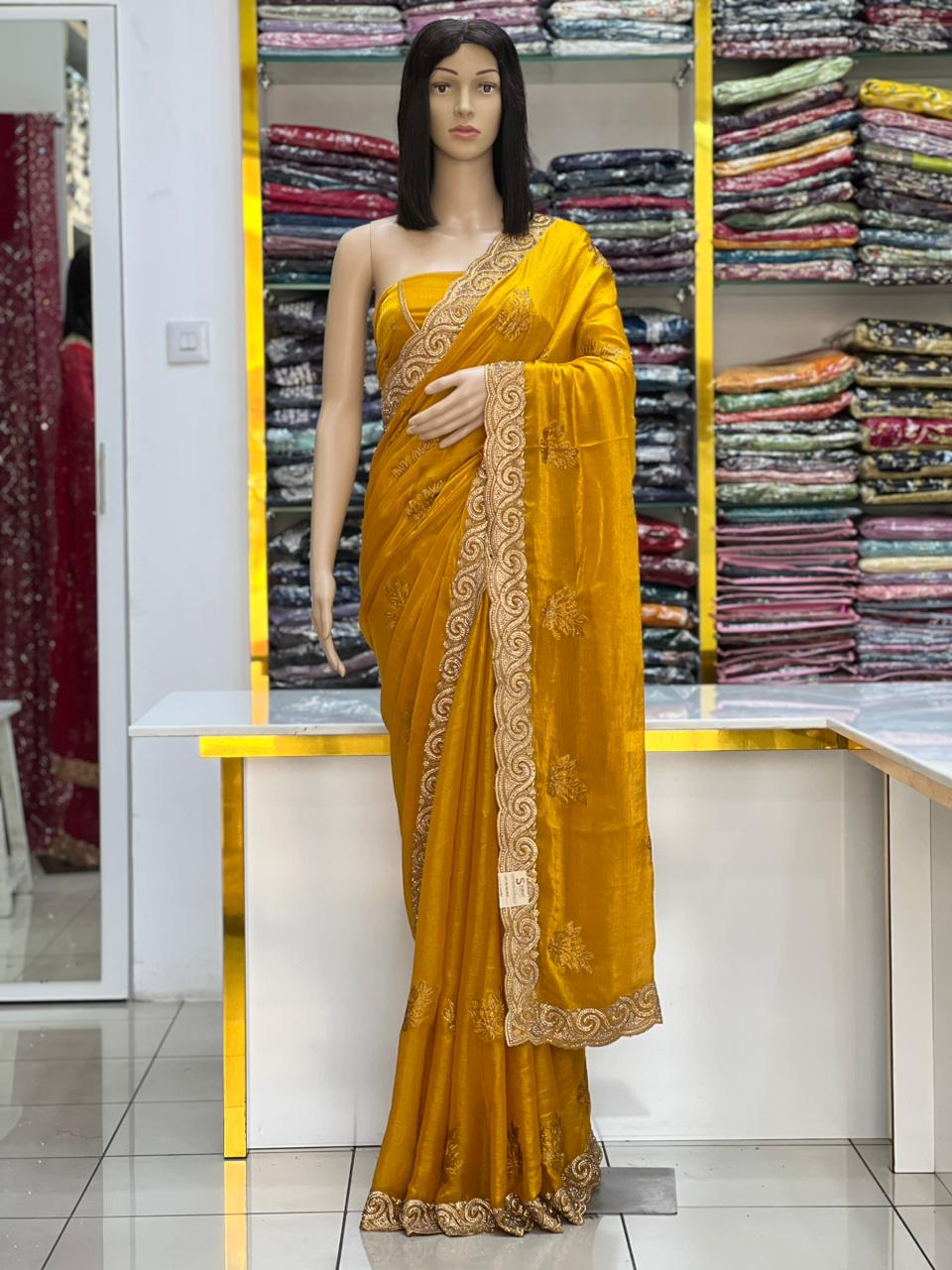 Fandy Satin Luxurious Embroidered Saree Collection with Gold Border