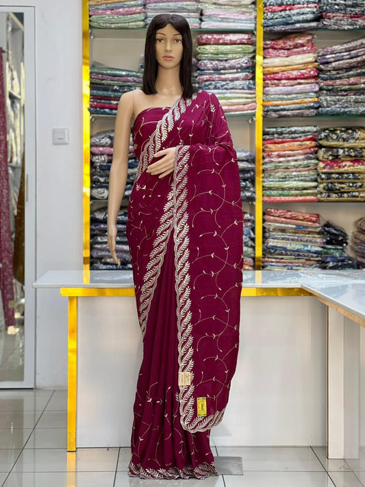 Premium Vichitra Silk Embroidered Saree With Thread & Sequin Work With Cut work Border